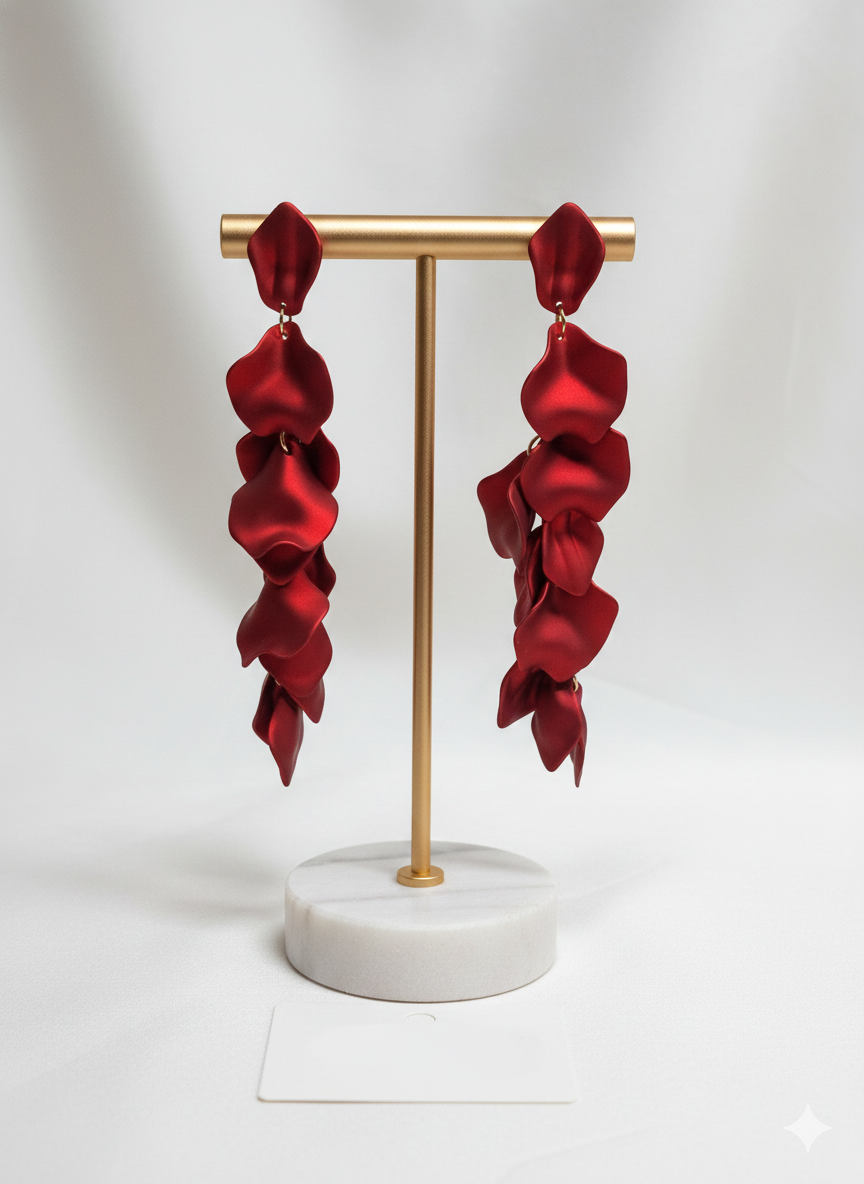 Red Statement Dangle Earrings – Long Petal Earrings, Bold Evening Jewelry, Elegant Gift for Her