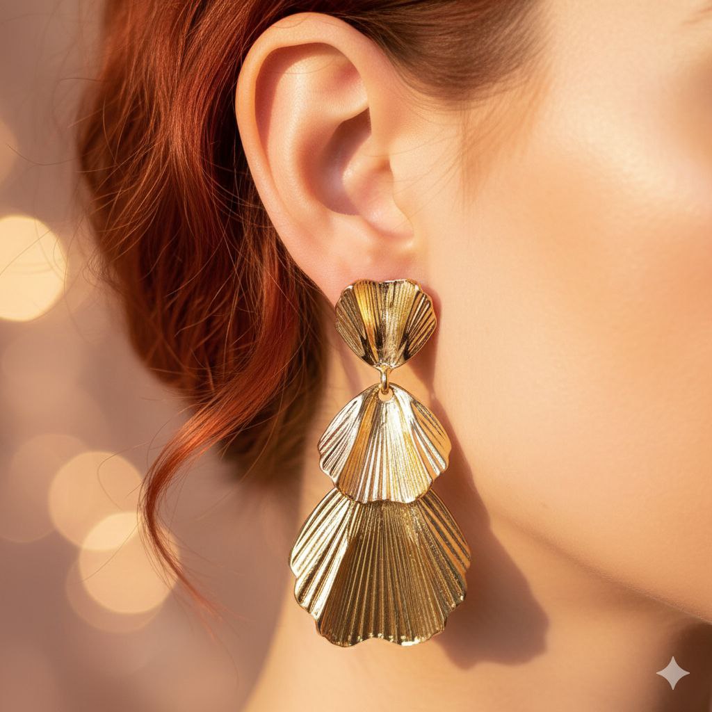 Gold Shell Drop Earrings Statement Fan Earrings Textured Gold Earrings Elegant Short Dangle Modern Luxury Jewelry Gift for Her