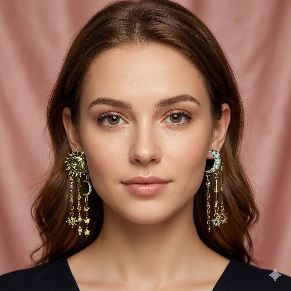 Gold Sun & Moon Statement Earrings – Celestial Asymmetrical Star Drop Earrings