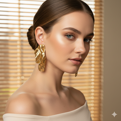 Gold Sculptural Statement Earrings – Oversized Luxury Drop Earrings for Evening, Party, Wedding Guest, Bold Fashion Jewelry