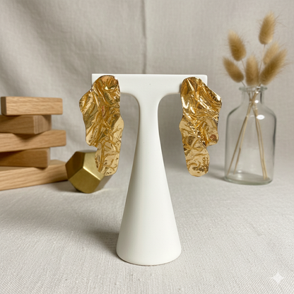 Gold Sculptural Statement Earrings – Oversized Luxury Drop Earrings for Evening, Party, Wedding Guest, Bold Fashion Jewelry