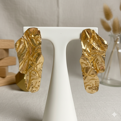 Gold Sculptural Statement Earrings – Oversized Luxury Drop Earrings for Evening, Party, Wedding Guest, Bold Fashion Jewelry