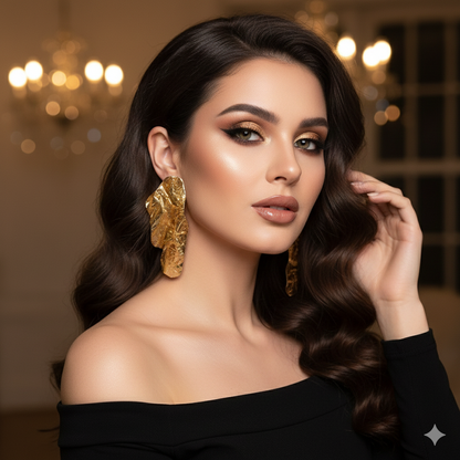 Gold Sculptural Statement Earrings – Oversized Luxury Drop Earrings for Evening, Party, Wedding Guest, Bold Fashion Jewelry