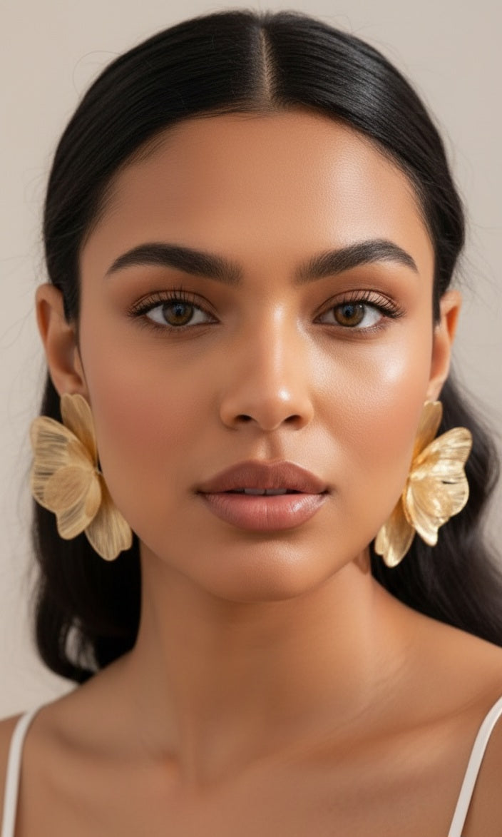 Gold Floral Statement Earrings – Oversized Flower Earrings, Luxury Lightweight Petal Earrings, Elegant Gift for Her