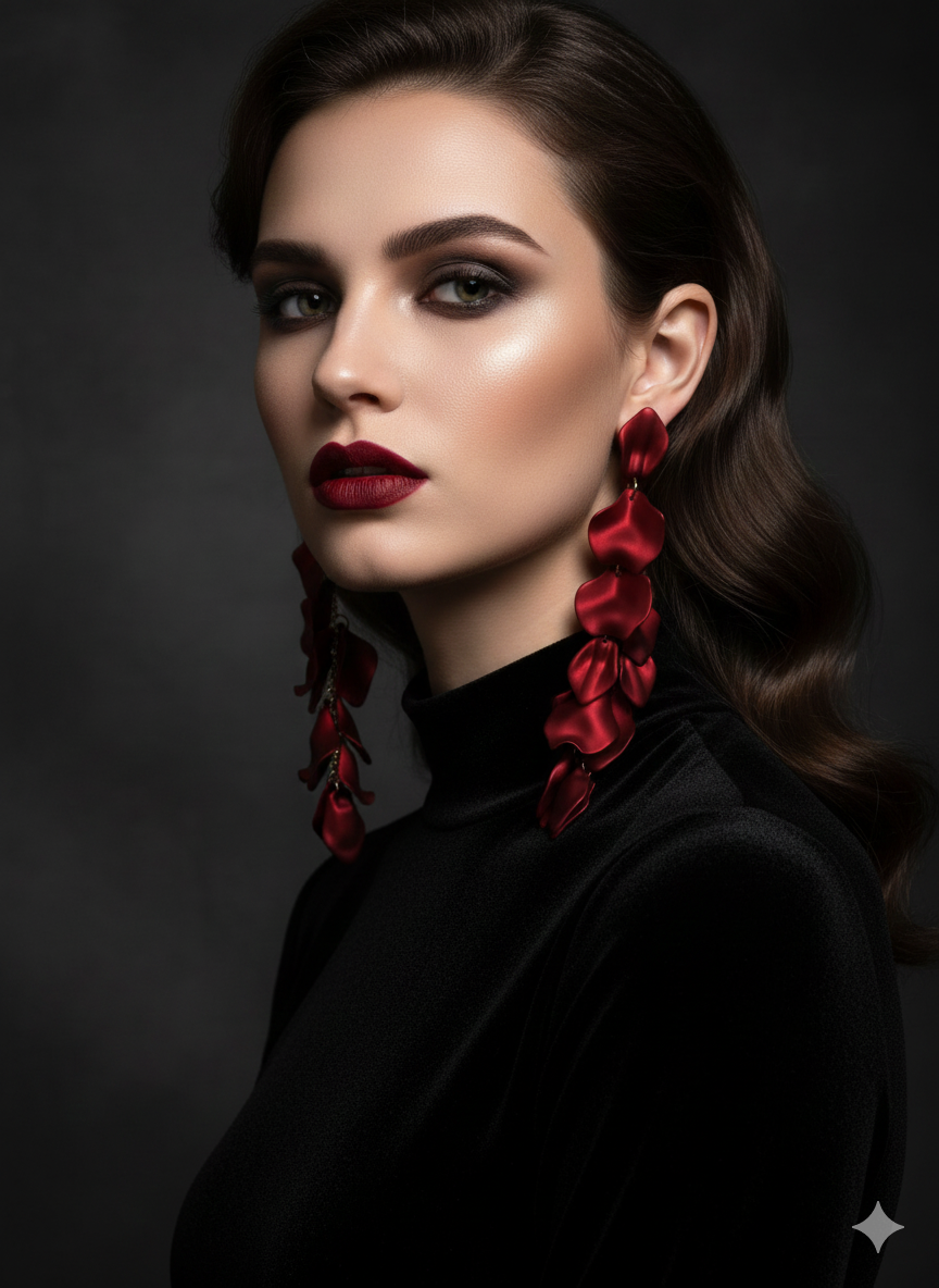 Red Statement Dangle Earrings – Long Petal Earrings, Bold Evening Jewelry, Elegant Gift for Her