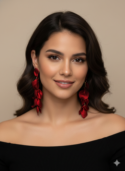 Red Statement Dangle Earrings – Long Petal Earrings, Bold Evening Jewelry, Elegant Gift for Her