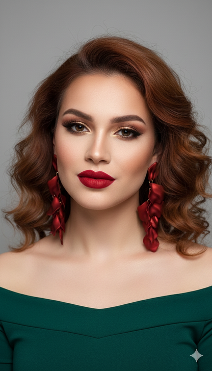 Red Statement Dangle Earrings – Long Petal Earrings, Bold Evening Jewelry, Elegant Gift for Her