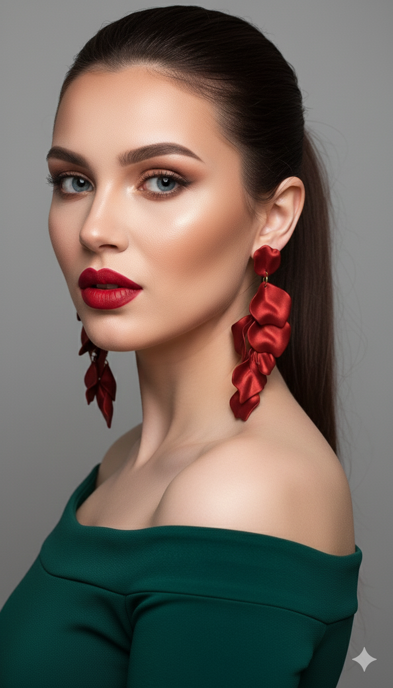 Red Statement Dangle Earrings – Long Petal Earrings, Bold Evening Jewelry, Elegant Gift for Her