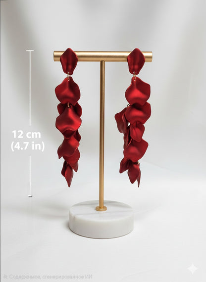 Red Statement Dangle Earrings – Long Petal Earrings, Bold Evening Jewelry, Elegant Gift for Her