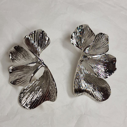 Oversized Silver Floral Statement Earrings – Sculptural Metal Flower Earrings, Bold Fashion Jewelry, Designer Style Earrings