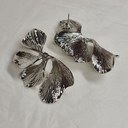 Oversized Silver Floral Statement Earrings – Sculptural Metal Flower Earrings, Bold Fashion Jewelry, Designer Style Earrings