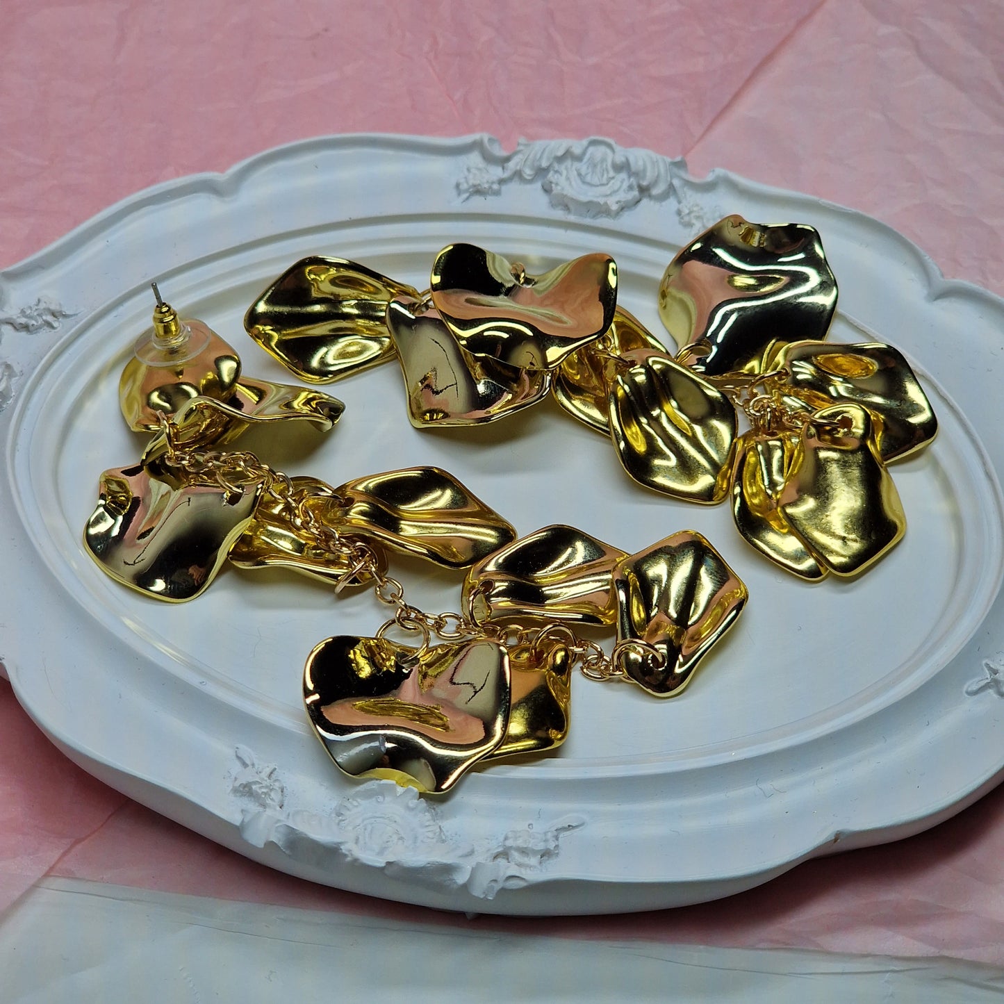 Lightweight Gold Petal Statement Earrings, Long Acrylic Drop Earrings for Wedding Guest & Party