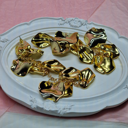 Lightweight Gold Petal Statement Earrings, Long Acrylic Drop Earrings for Wedding Guest & Party