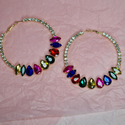 Rainbow Crystal Hoop Earrings – Colourful Rhinestone Statement Earrings