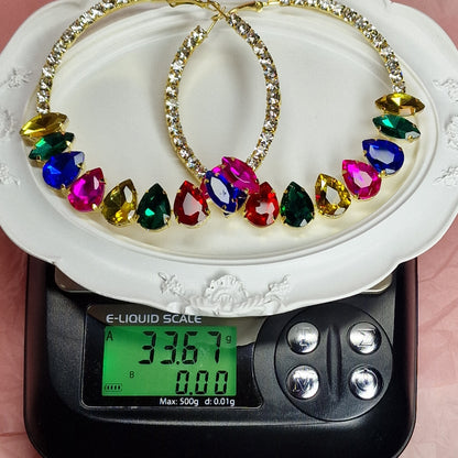Rainbow Crystal Hoop Earrings – Colourful Rhinestone Statement Earrings
