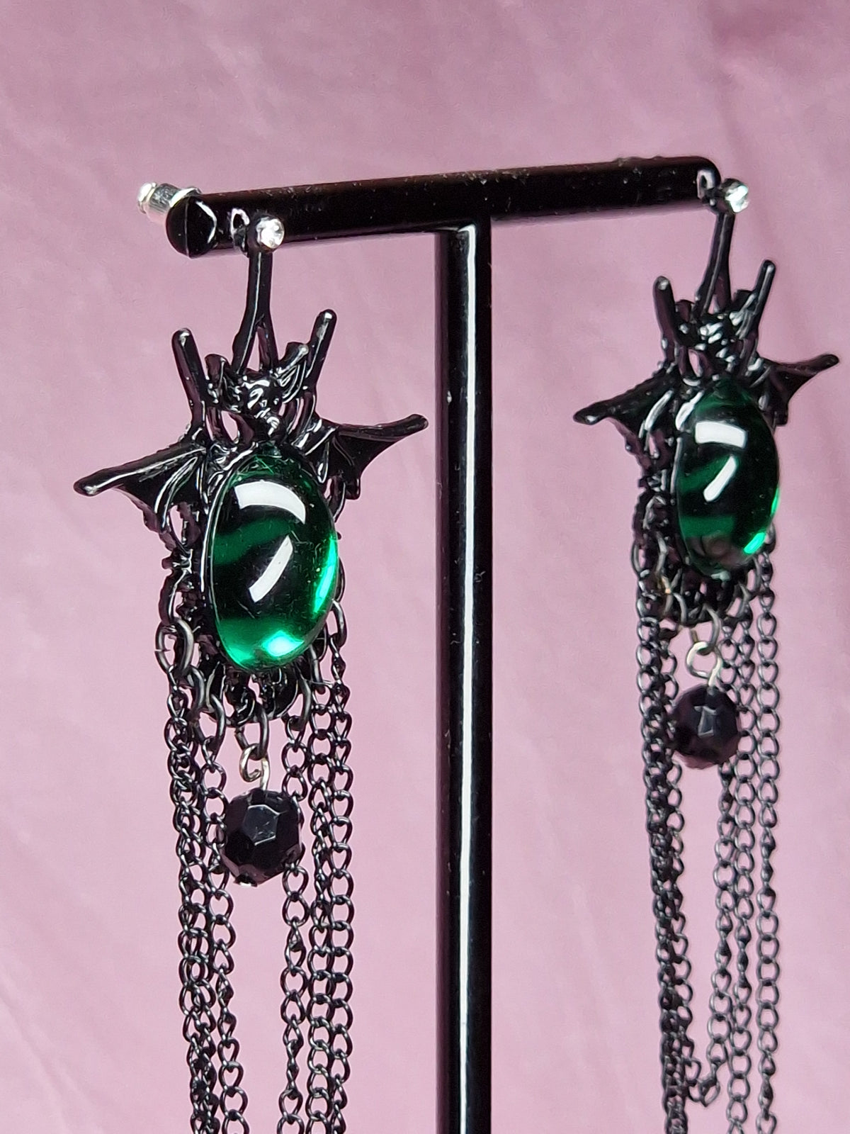 Emerald Gothic Bat Long Chain Statement Earrings