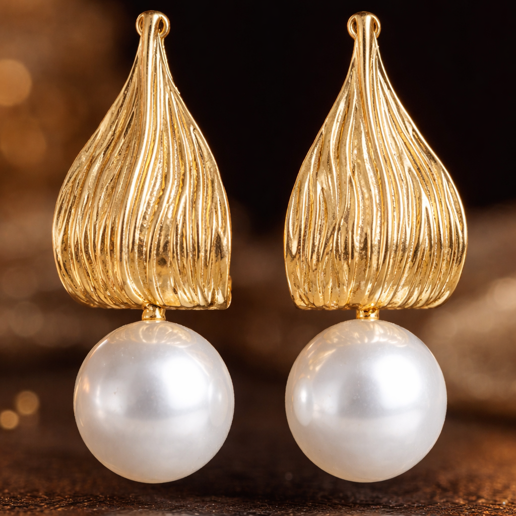 Gold Pearl Drop Earrings Statement Elegant Pearl Dangle Earrings Textured Gold Shell Earrings Wedding Jewelry Gift for Her Luxury Earrings
