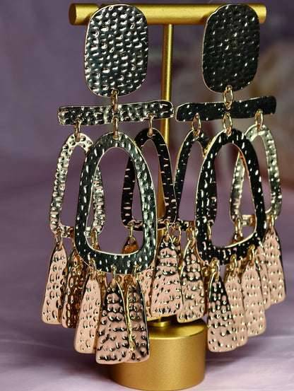 Gold Tribal Statement Earrings, Oversized Hammered Earrings, Boho Luxe Dangle Earrings, Resort Glam Jewelry