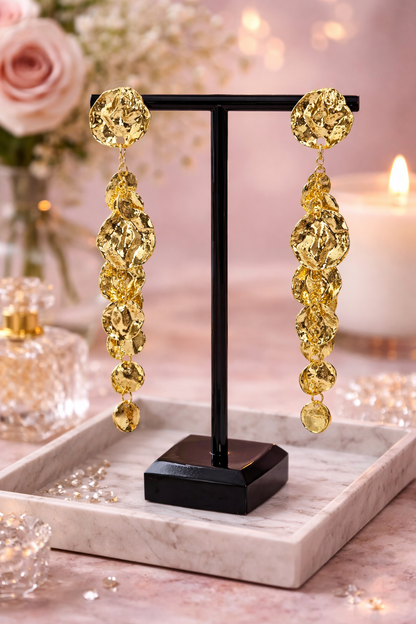 Gold Coin Cascade Statement Earrings – Long Textured Drop Earrings, Luxury Sculptural Jewelry