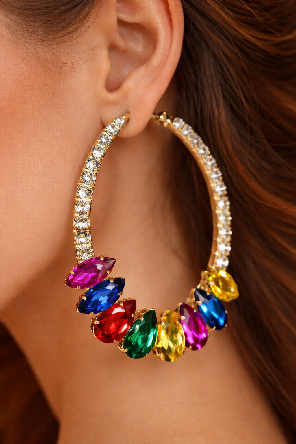 Rainbow Crystal Hoop Earrings – Colourful Rhinestone Statement Earrings