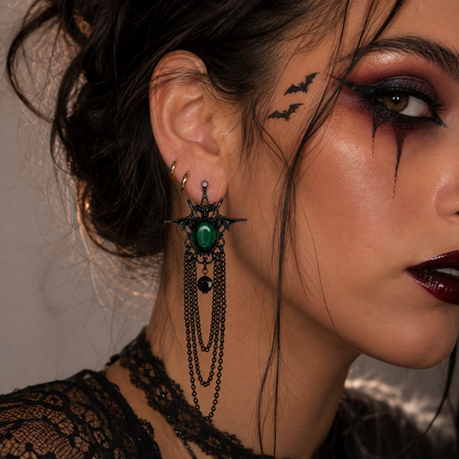 Emerald Gothic Bat Long Chain Statement Earrings