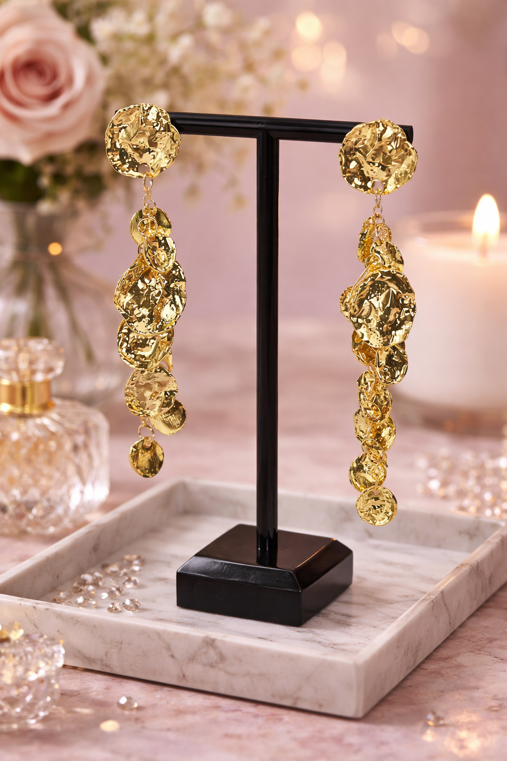 Gold Coin Cascade Statement Earrings – Long Textured Drop Earrings, Luxury Sculptural Jewelry
