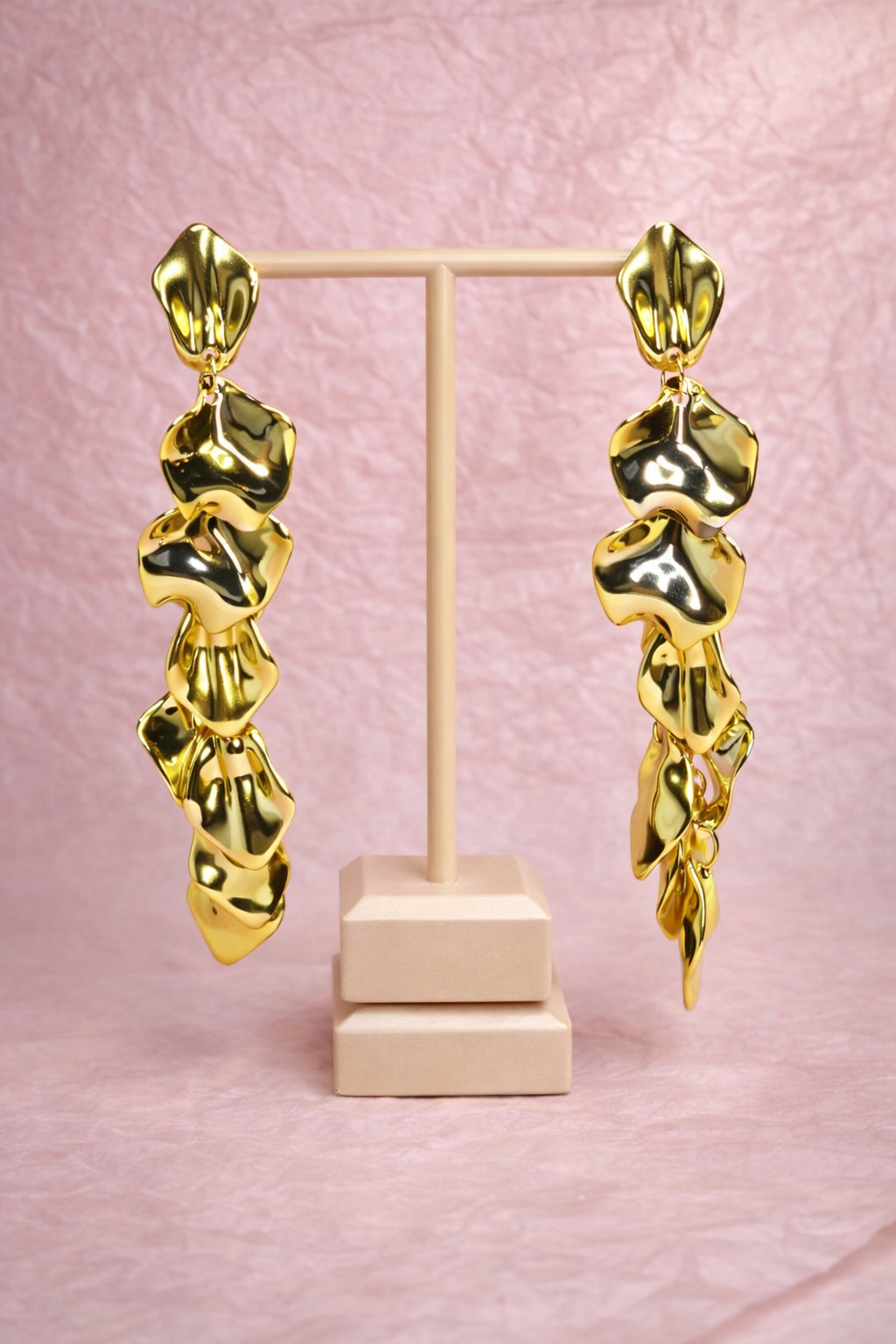 Lightweight Gold Petal Statement Earrings, Long Acrylic Drop Earrings for Wedding Guest & Party