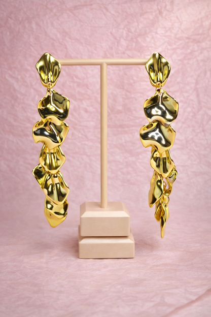 Lightweight Gold Petal Statement Earrings, Long Acrylic Drop Earrings for Wedding Guest & Party