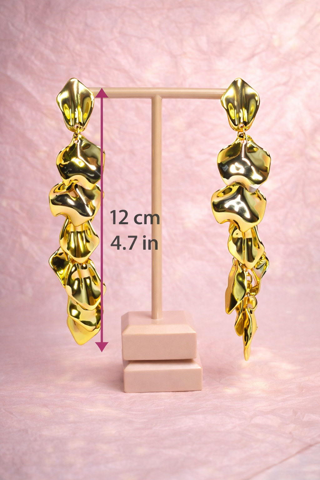 Lightweight Gold Petal Statement Earrings, Long Acrylic Drop Earrings for Wedding Guest & Party