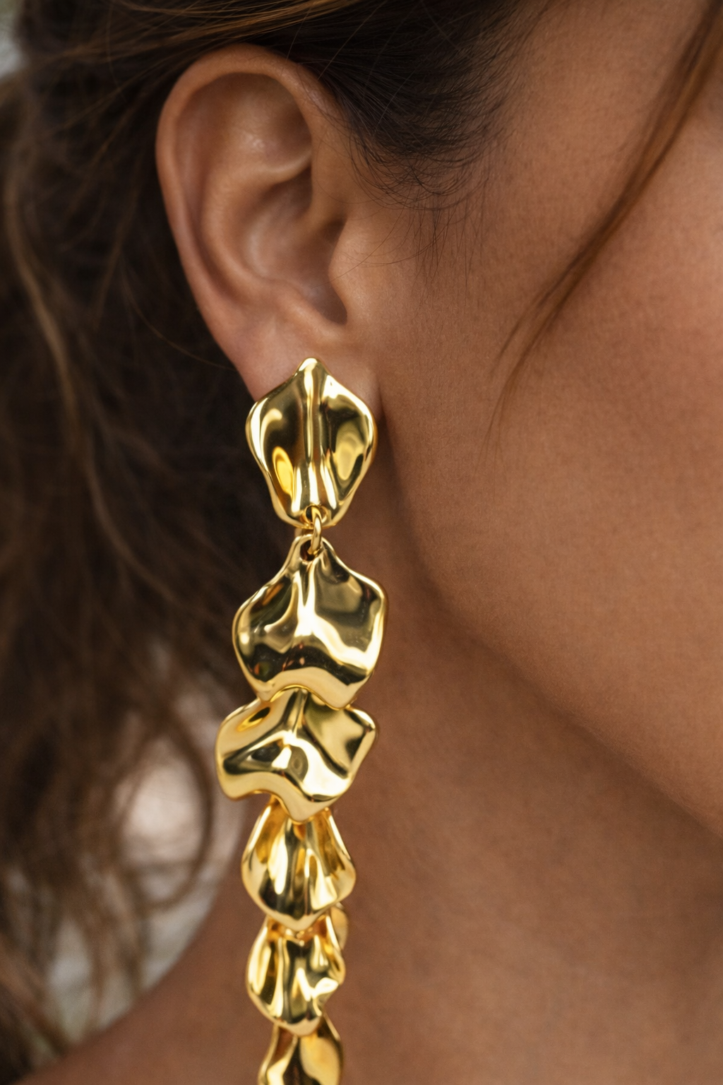 Lightweight Gold Petal Statement Earrings, Long Acrylic Drop Earrings for Wedding Guest & Party