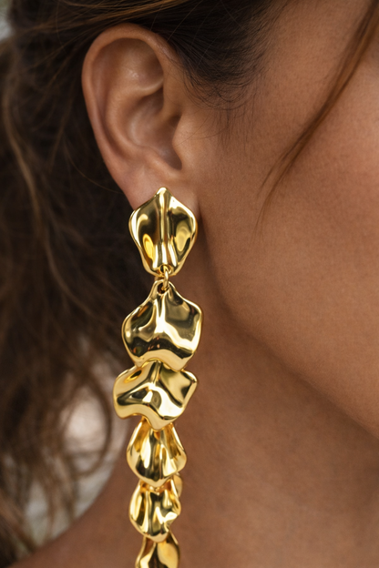 Lightweight Gold Petal Statement Earrings, Long Acrylic Drop Earrings for Wedding Guest & Party