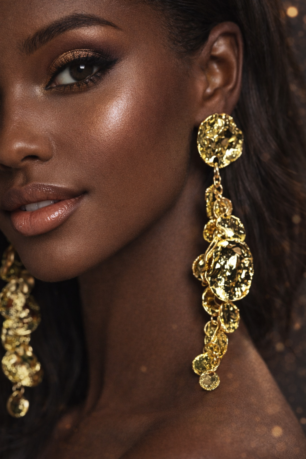 Gold Coin Cascade Statement Earrings – Long Textured Drop Earrings, Luxury Sculptural Jewelry