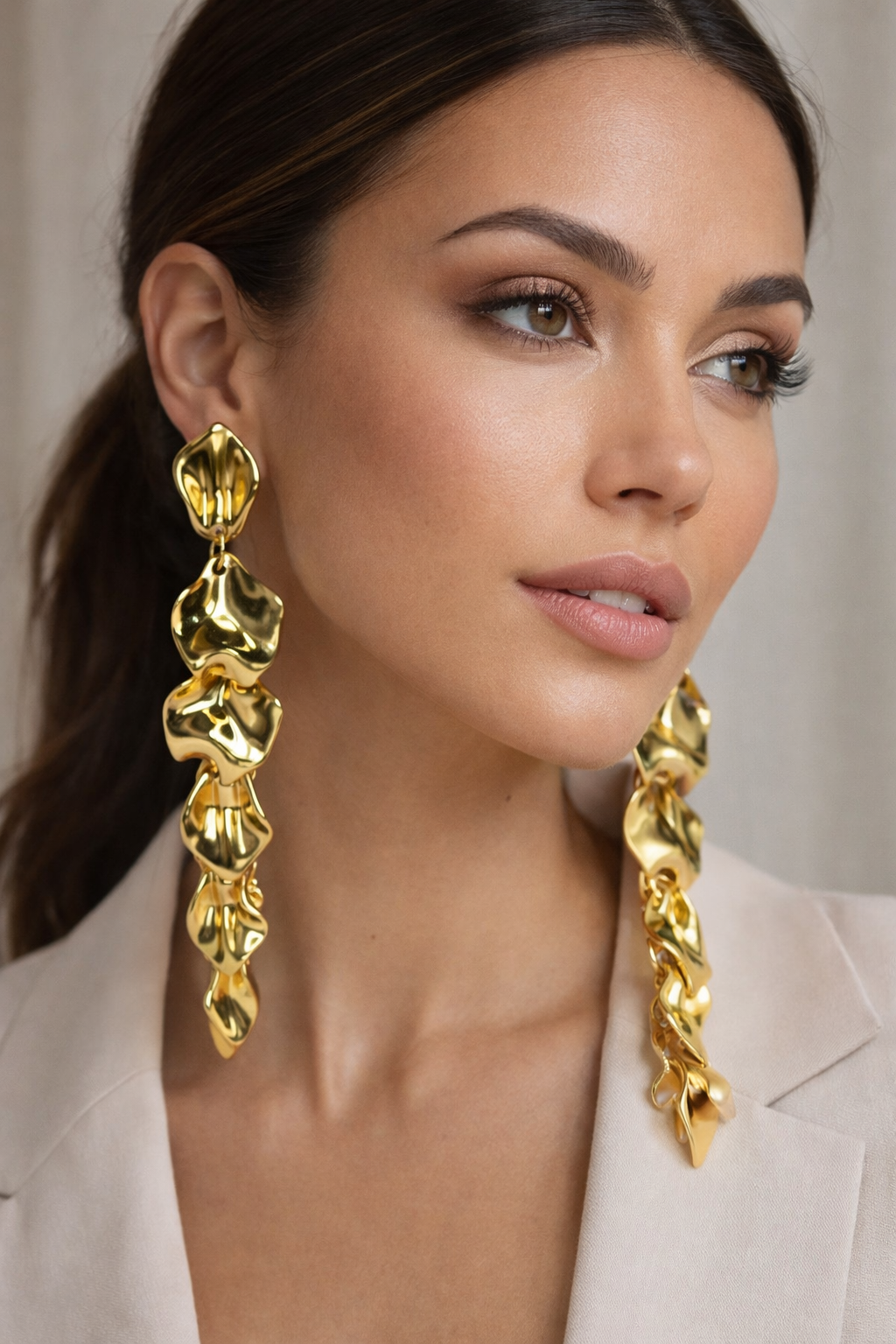 Lightweight Gold Petal Statement Earrings, Long Acrylic Drop Earrings for Wedding Guest & Party