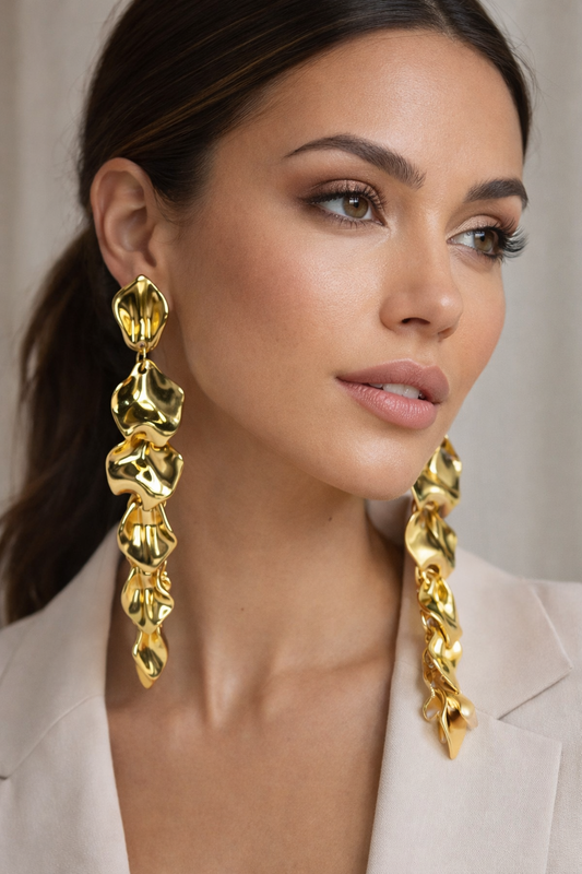 Lightweight Gold Petal Statement Earrings, Long Acrylic Drop Earrings for Wedding Guest & Party