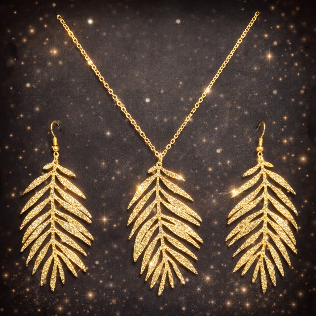Gold Palm Leaf Jewelry Set | Statement Earrings & Necklace Set | Tropical Boho Gift for Women