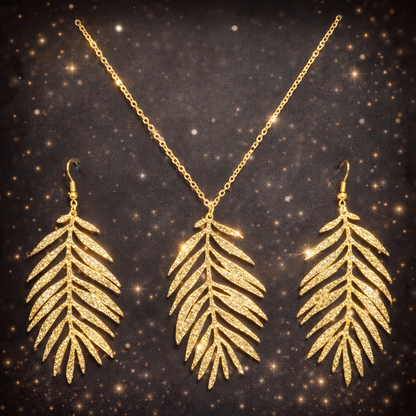 Gold Palm Leaf Jewelry Set | Statement Earrings & Necklace Set | Tropical Boho Gift for Women