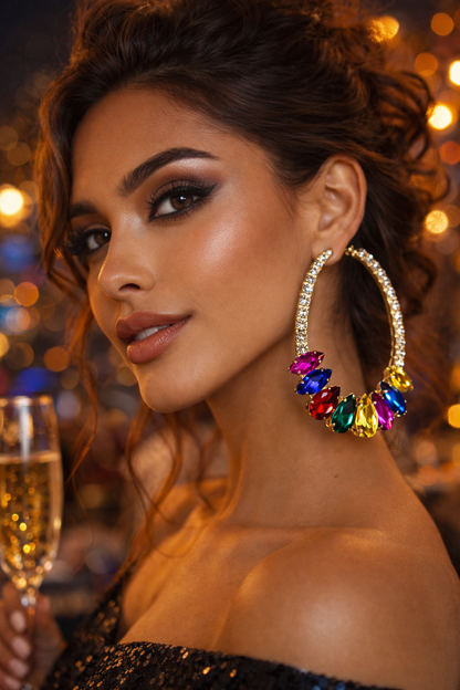Rainbow Crystal Hoop Earrings – Colourful Rhinestone Statement Earrings