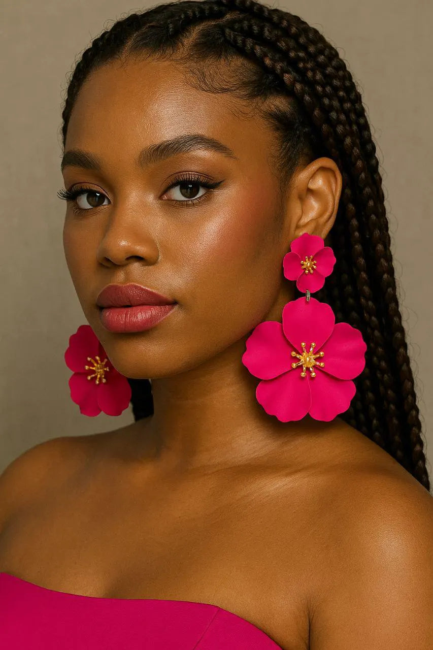 Hot Pink Flower Statement Earrings – Bold Floral Drop Earrings