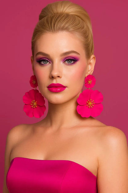 Hot Pink Flower Statement Earrings – Bold Floral Drop Earrings
