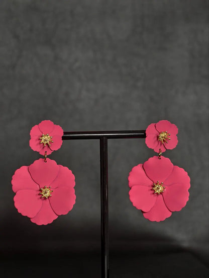 Hot Pink Flower Statement Earrings – Bold Floral Drop Earrings