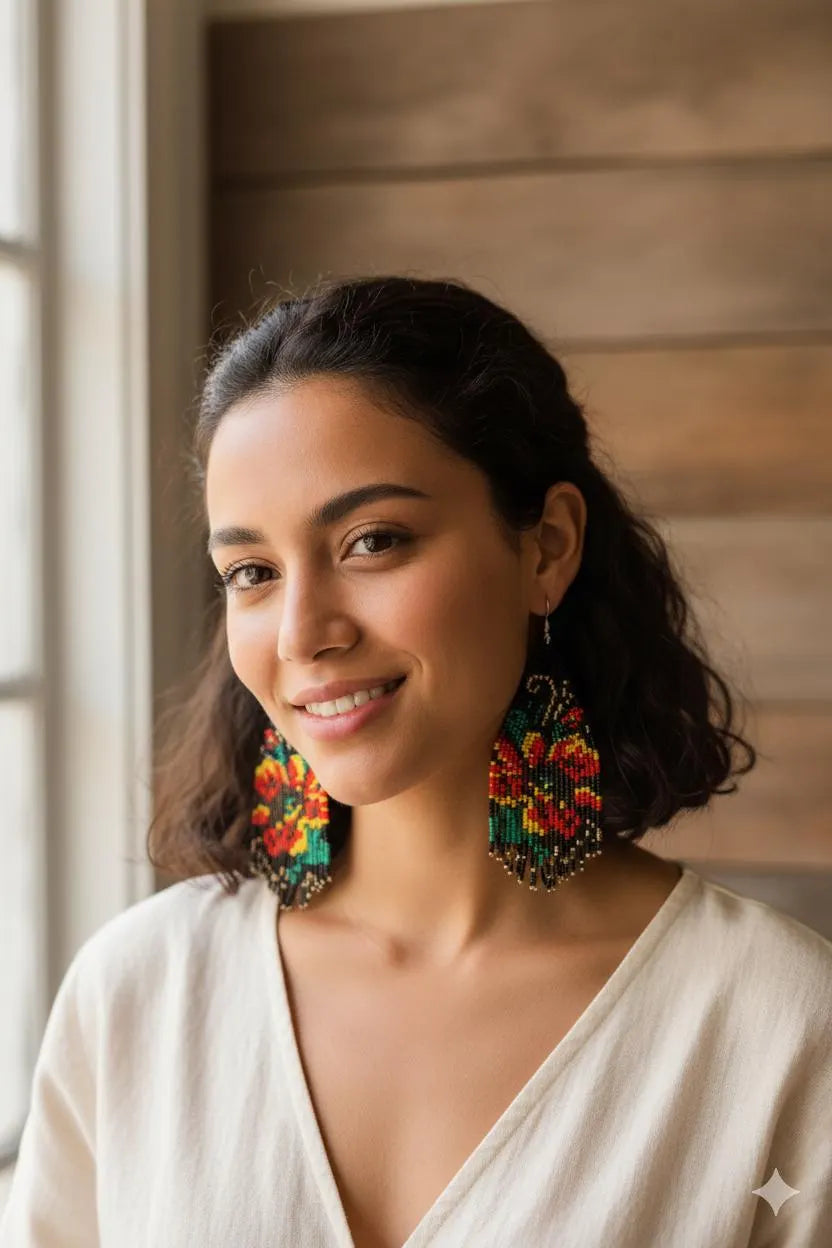 Rainbow Beaded Statement Earrings – Colorful Boho Drop Earrings