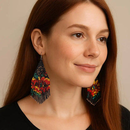 Rainbow Beaded Statement Earrings – Colorful Boho Drop Earrings