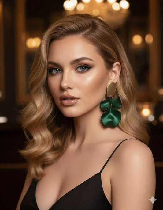 Emerald Green Statement Earrings – Gold & Acrylic Petal Earrings, Lightweight Elegant Drop Earrings, Gift for Her