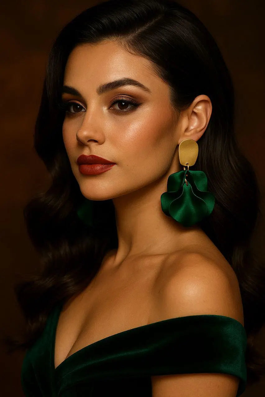 Emerald Green Statement Earrings – Gold & Acrylic Petal Earrings, Lightweight Elegant Drop Earrings, Gift for Her