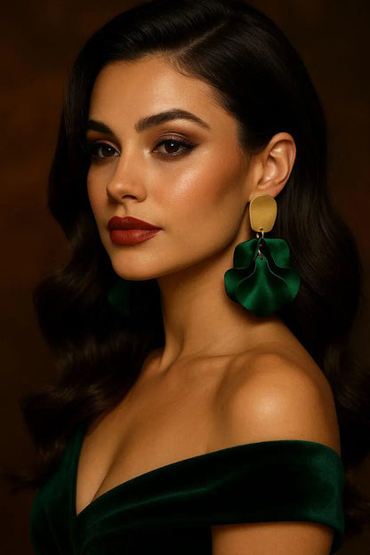 Emerald Green Statement Earrings – Gold & Acrylic Petal Earrings, Lightweight Elegant Drop Earrings, Gift for Her