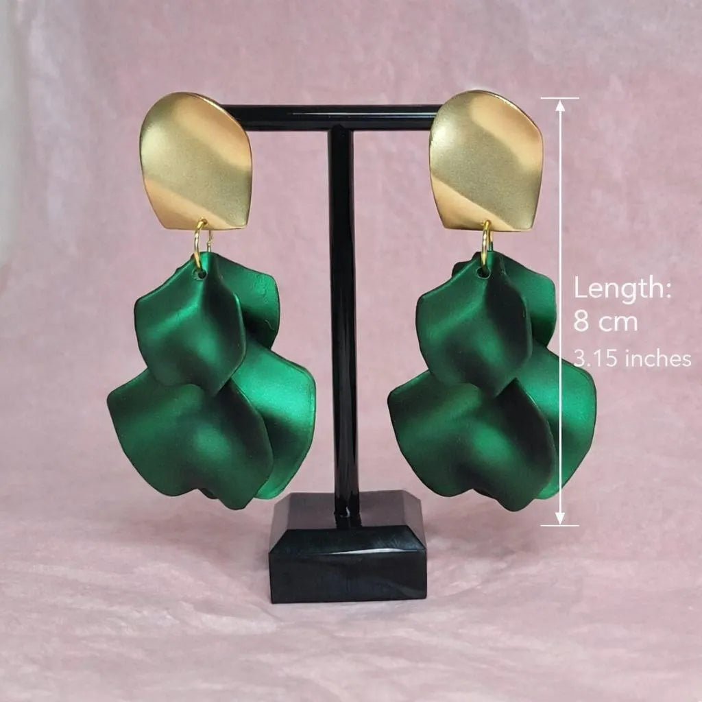 Emerald Green Statement Earrings – Gold & Acrylic Petal Earrings, Lightweight Elegant Drop Earrings, Gift for Her