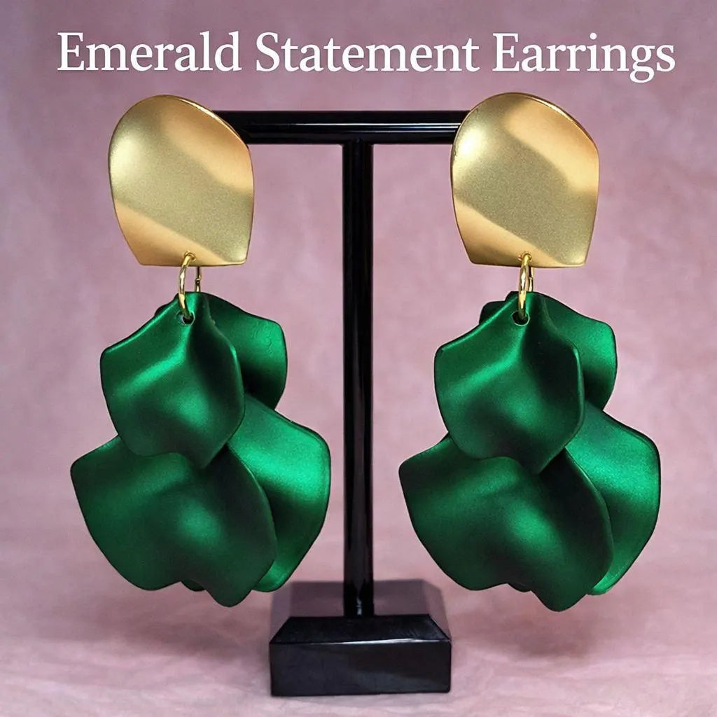 Emerald Green Statement Earrings – Gold & Acrylic Petal Earrings, Lightweight Elegant Drop Earrings, Gift for Her