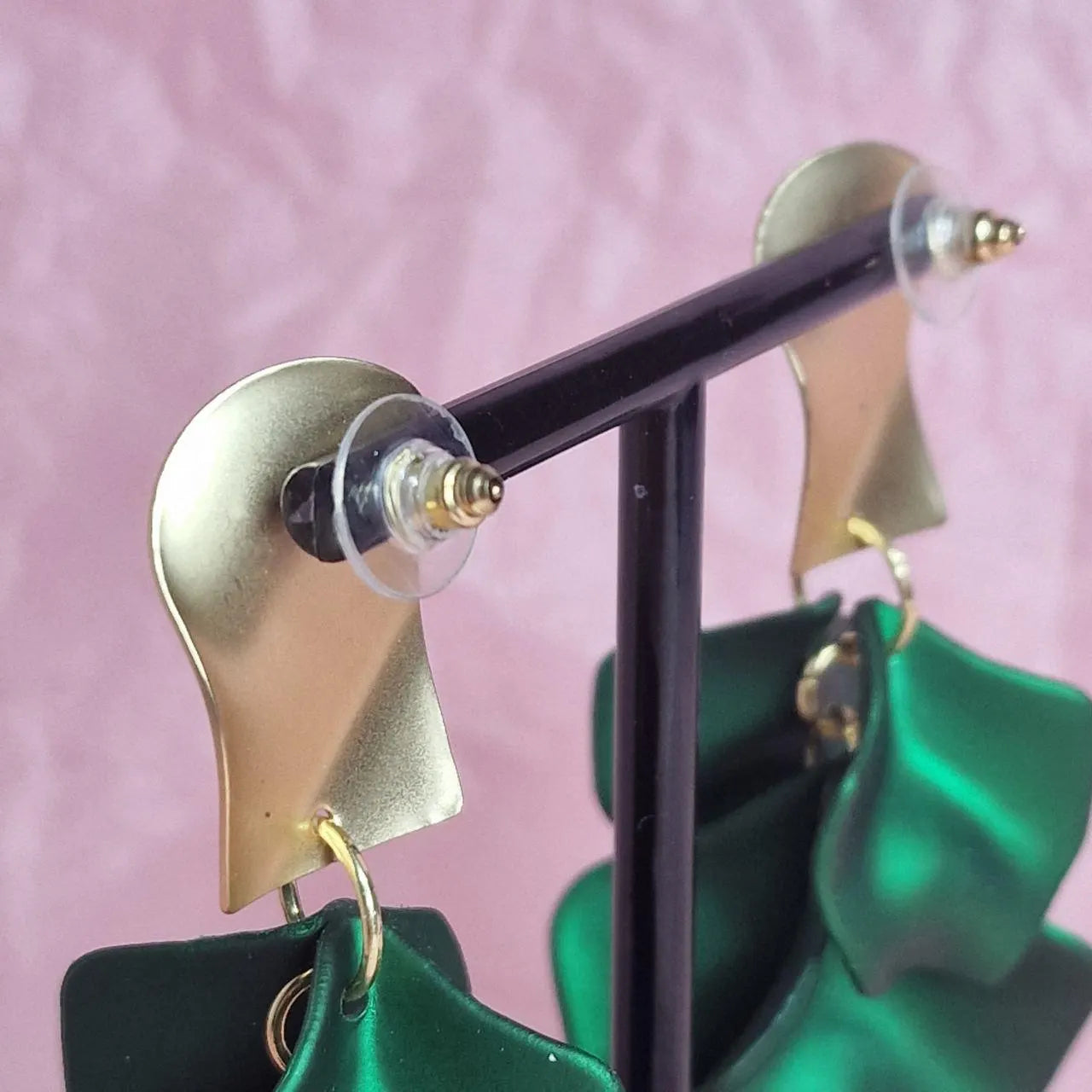 Emerald Green Statement Earrings – Gold & Acrylic Petal Earrings, Lightweight Elegant Drop Earrings, Gift for Her