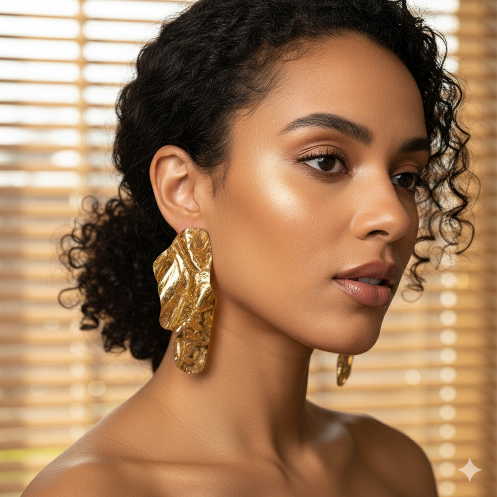Gold Sculptural Statement Earrings – Oversized Luxury Drop Earrings for Evening, Party, Wedding Guest, Bold Fashion Jewelry