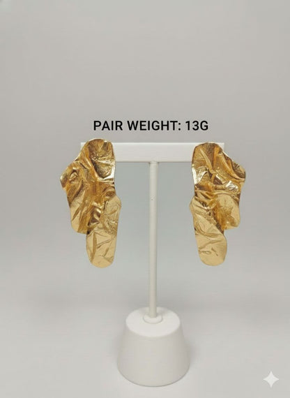 Gold Sculptural Statement Earrings – Oversized Luxury Drop Earrings for Evening, Party, Wedding Guest, Bold Fashion Jewelry